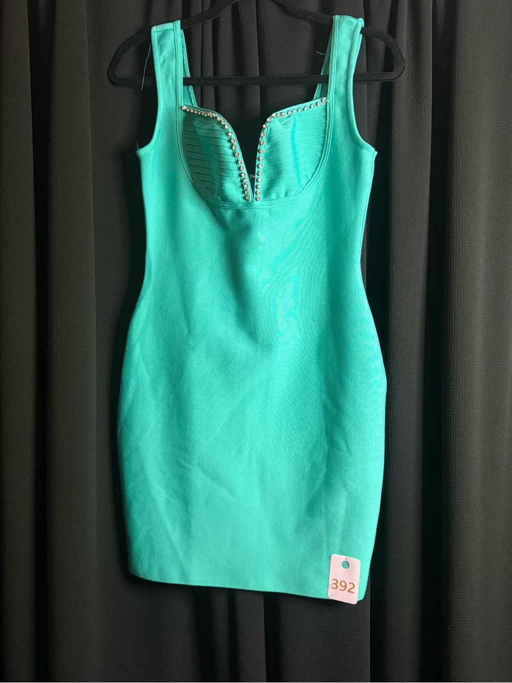 Sleeveless Teal Bodycon Mini Dress with Embellished Sweetheart Neckline